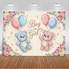 A cream-colored knitted backdrop featuring pink and blue balloons and cute teddy bears for a gender reveal