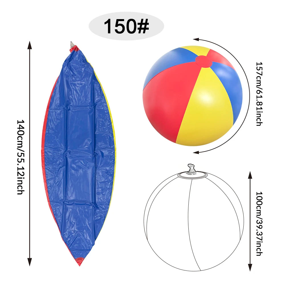 A blue inflatable pool party ball with a red accent, shown next to its flat and spherical forms.