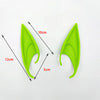 A pair of bright lime green latex elf ears shown with dimension lines indicating size.