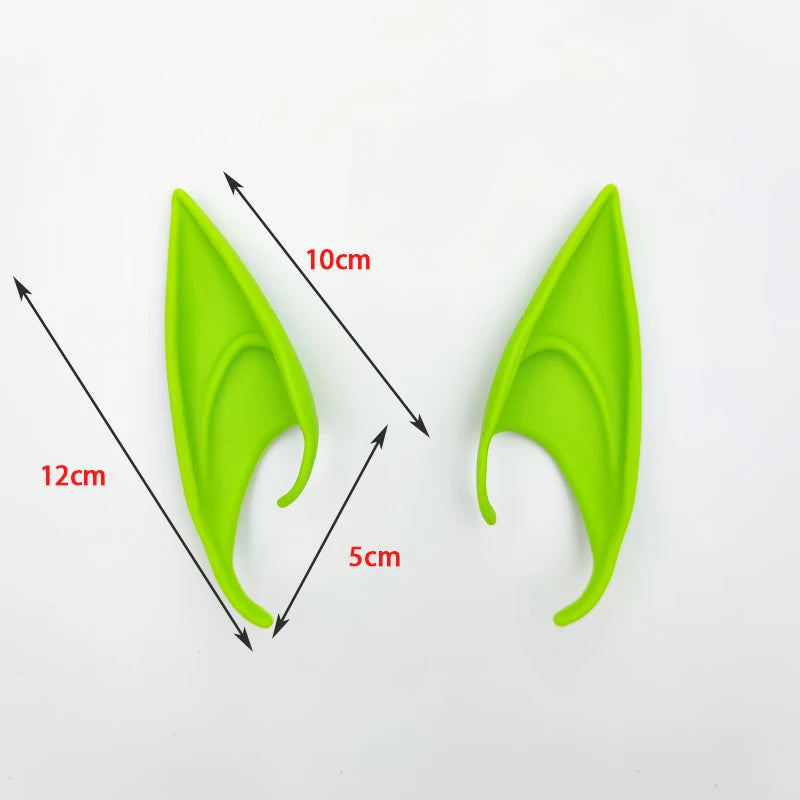 A pair of bright lime green latex elf ears shown with dimension lines indicating size.