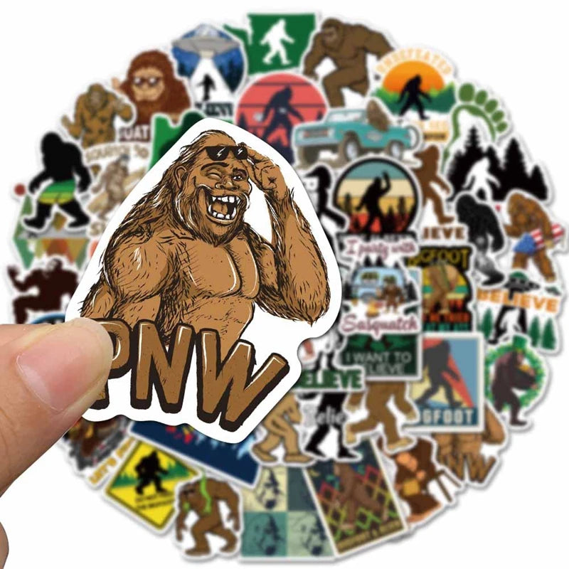 A collection of various Bigfoot and Sasquatch themed vinyl stickers on a white background.