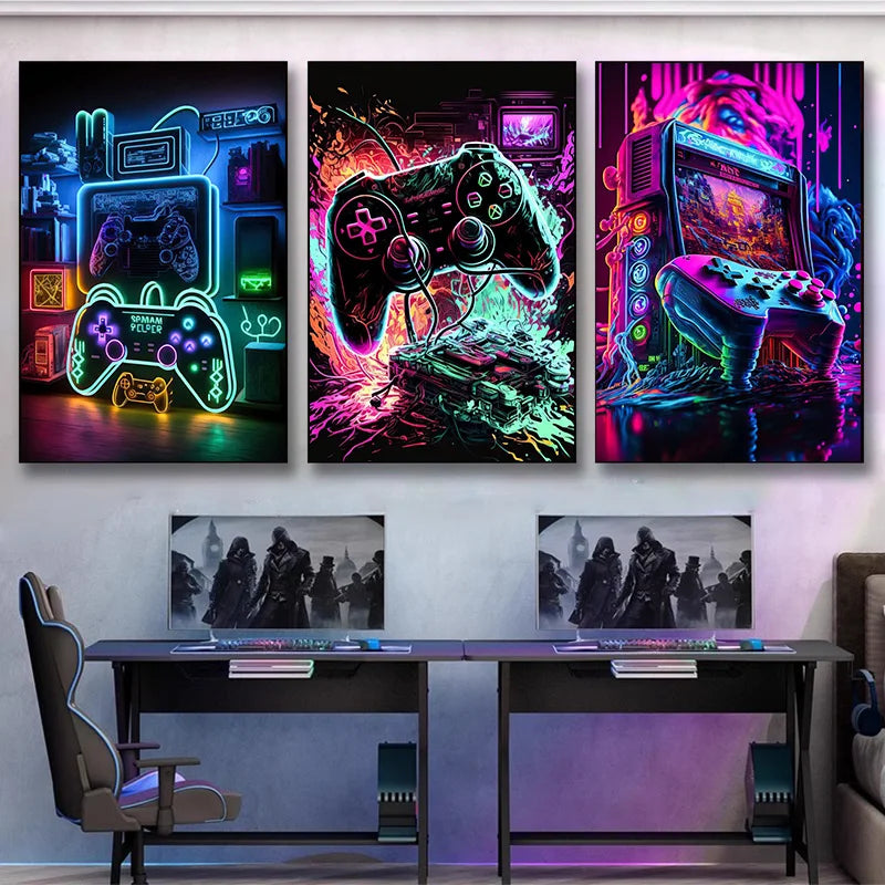 Three framed canvas prints featuring neon pop gaming themes and retro console graphics displayed on a wall.
