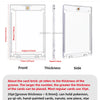 Diagram showing the dimensions and thickness of a clear card holder product from front, thickness, and side views.