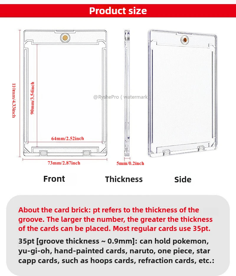 Diagram showing the dimensions and thickness of a clear card holder product from front, thickness, and side views.