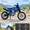 A blue 1:12 scale off-road motorcycle model with detailed replica design shown against a natural background.