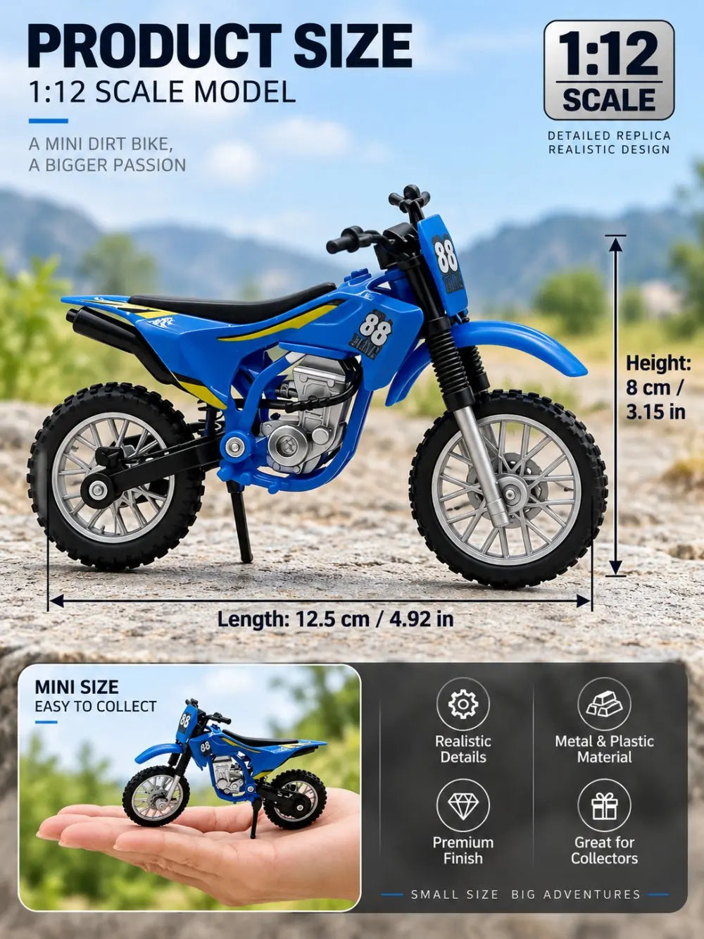 A blue 1:12 scale off-road motorcycle model with detailed replica design shown against a natural background.