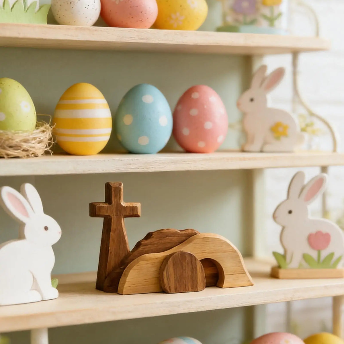 A wooden Easter empty tomb scene decoration featuring a rabbit and a landscape on a light wood shelf.