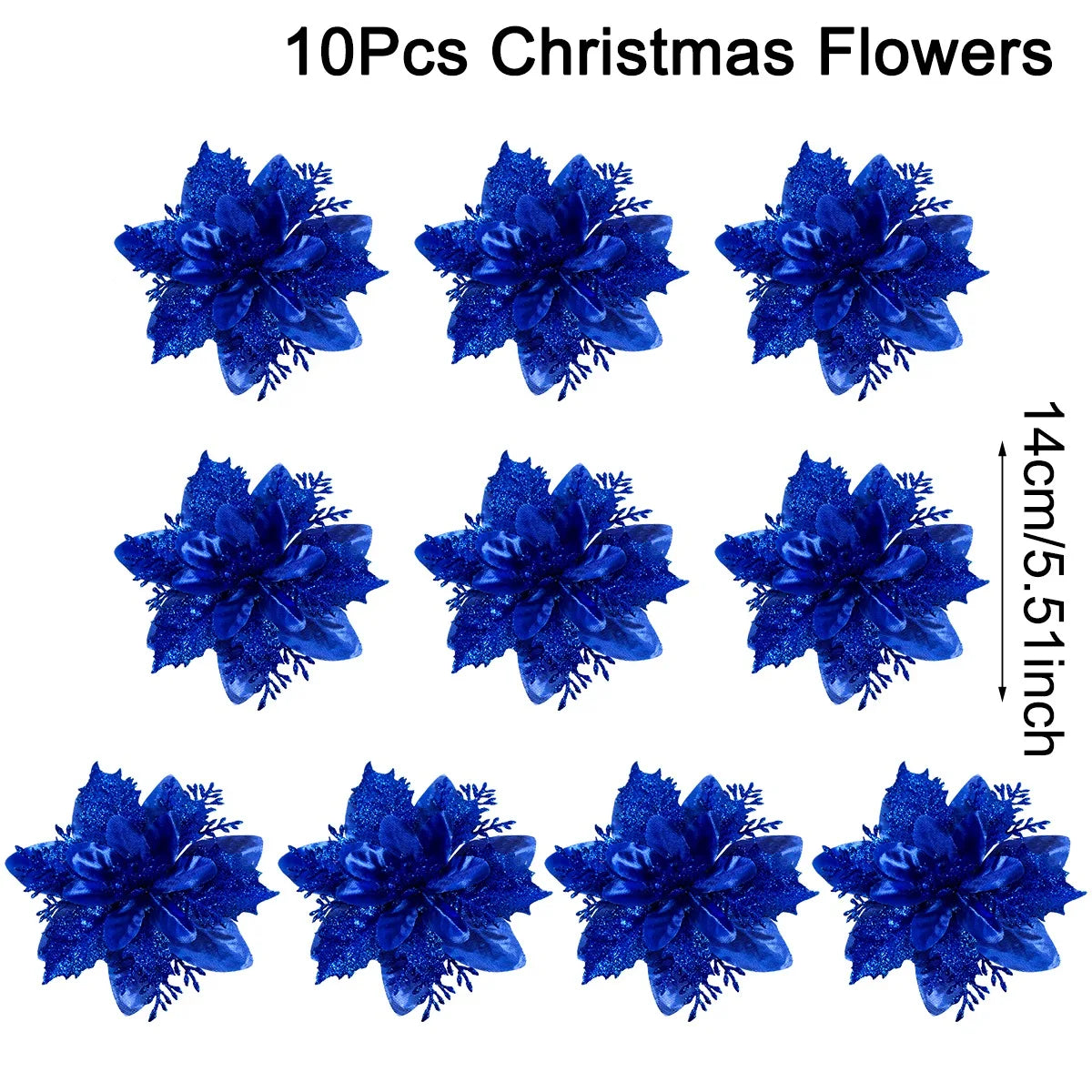 Ten blue glitter artificial poinsettia flowers for Christmas decoration