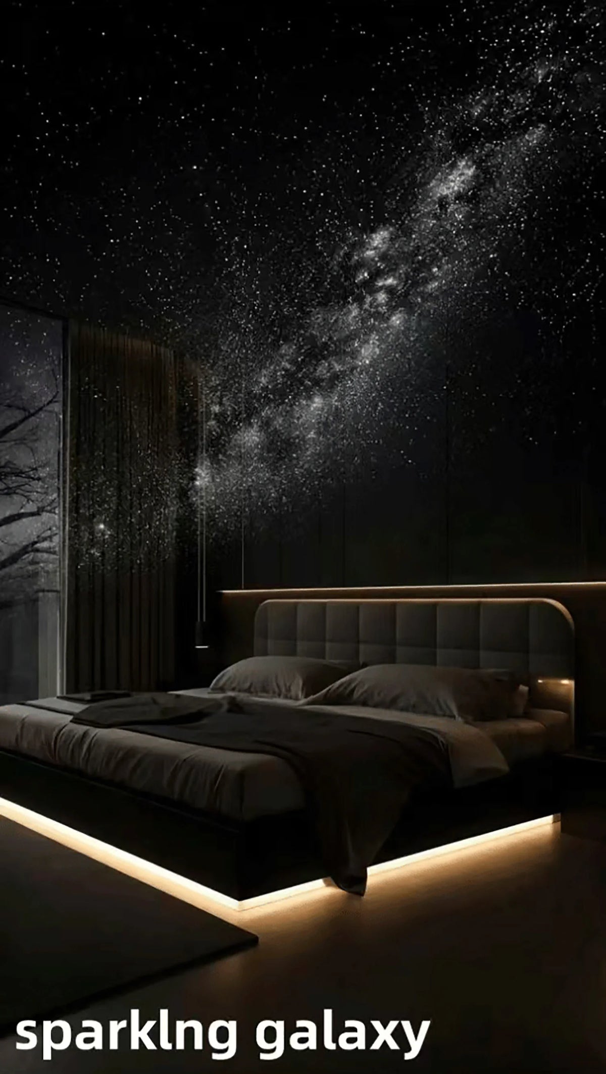 A bedroom scene featuring a bed illuminated by a glowing light, with a starry night sky projected onto the dark wall.
