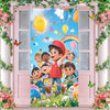 A colorful banner featuring happy children and balloons in a bright outdoor setting.