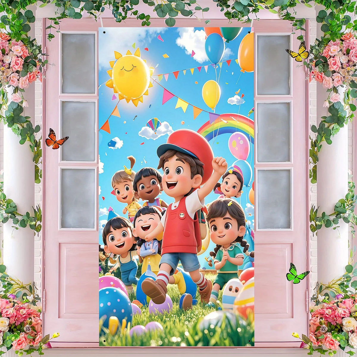 A colorful banner featuring happy children and balloons in a bright outdoor setting.