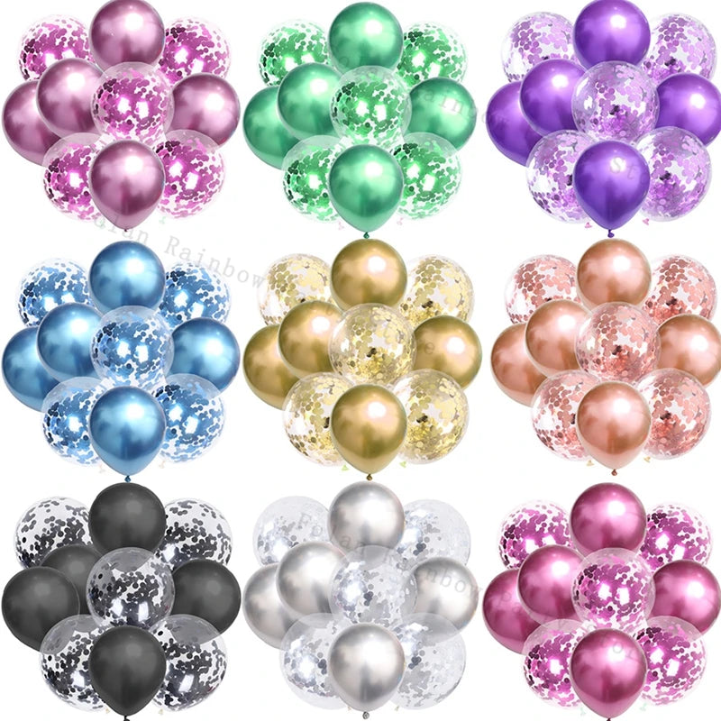 A collection of pastel white and gold confetti balloons in various shades and finishes.