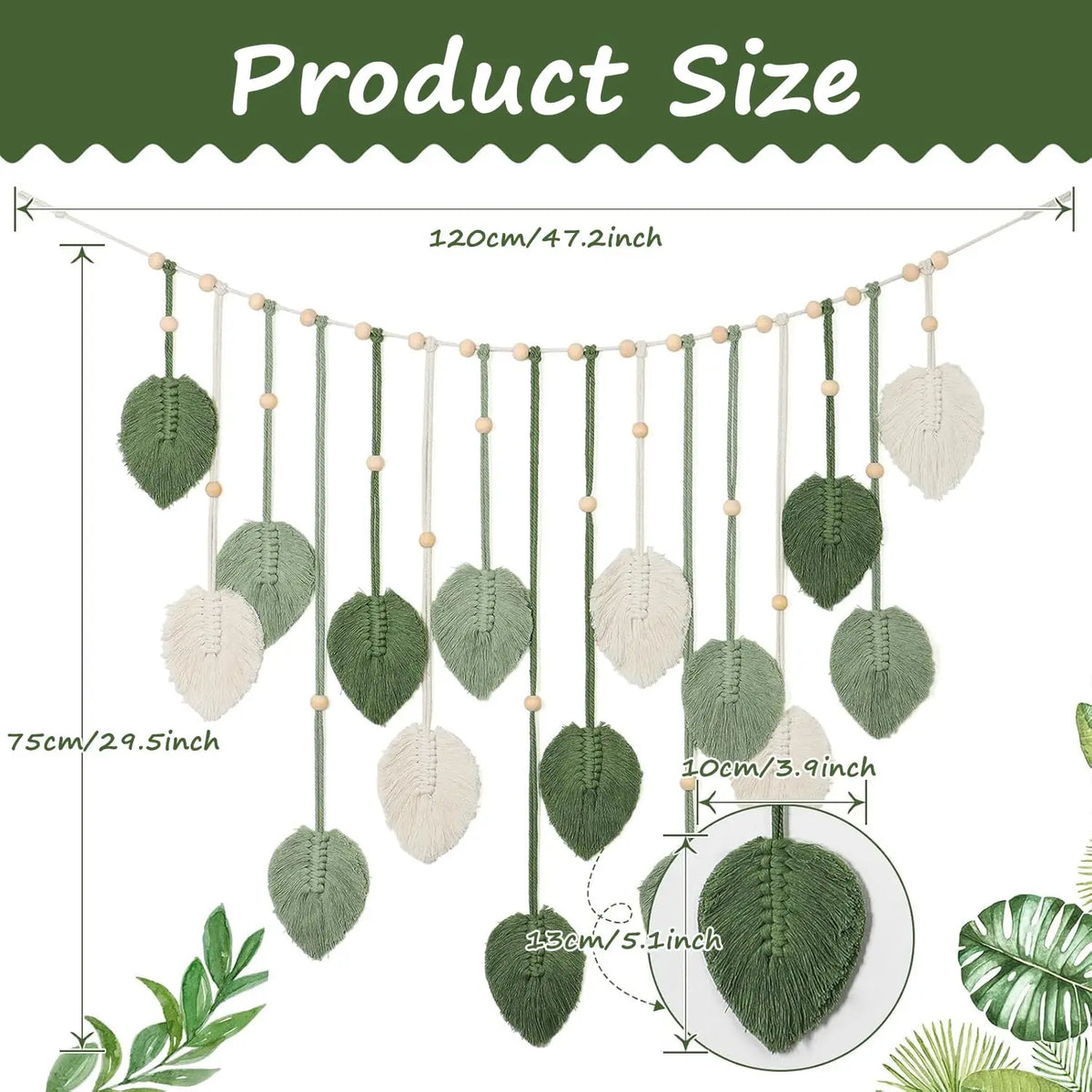 A collection of macrame leaf wall hangings in various shades of green and cream with tassels displayed against a white backgr