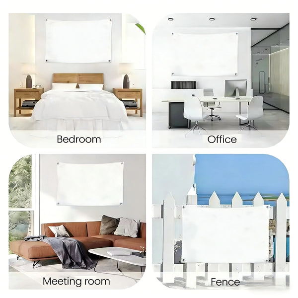 A collection of images showing a Rohan flag tapestry banner used in various contexts like a bedroom, office, meeting room, an