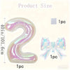 A translucent, iridescent number 2 balloon shaped like a curly script, shown with individual pieces and a bow.
