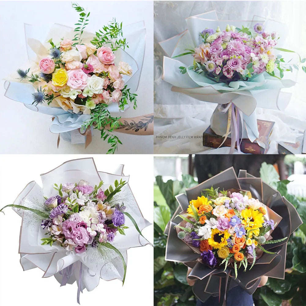 A bouquet of mixed pink purple and yellow flowers wrapped in gold edge floral wrapping paper