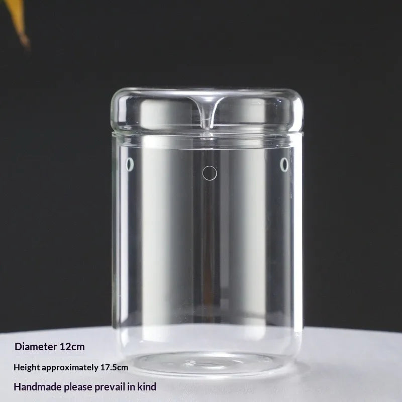 Clear glass cylindrical vase with a lid, used for decorating succulents and moss.