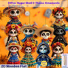 A collection of 10 flat wooden skull ornaments featuring colorful floral and decorative elements for Halloween or Day of the 