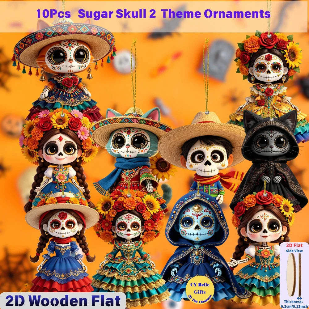 A collection of 10 flat wooden skull ornaments featuring colorful floral and decorative elements for Halloween or Day of the 