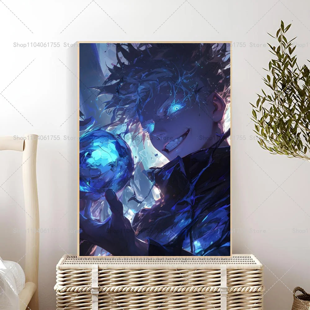 Anime wall poster of Gojo Satoru featuring blue and purple lighting and a dark outfit