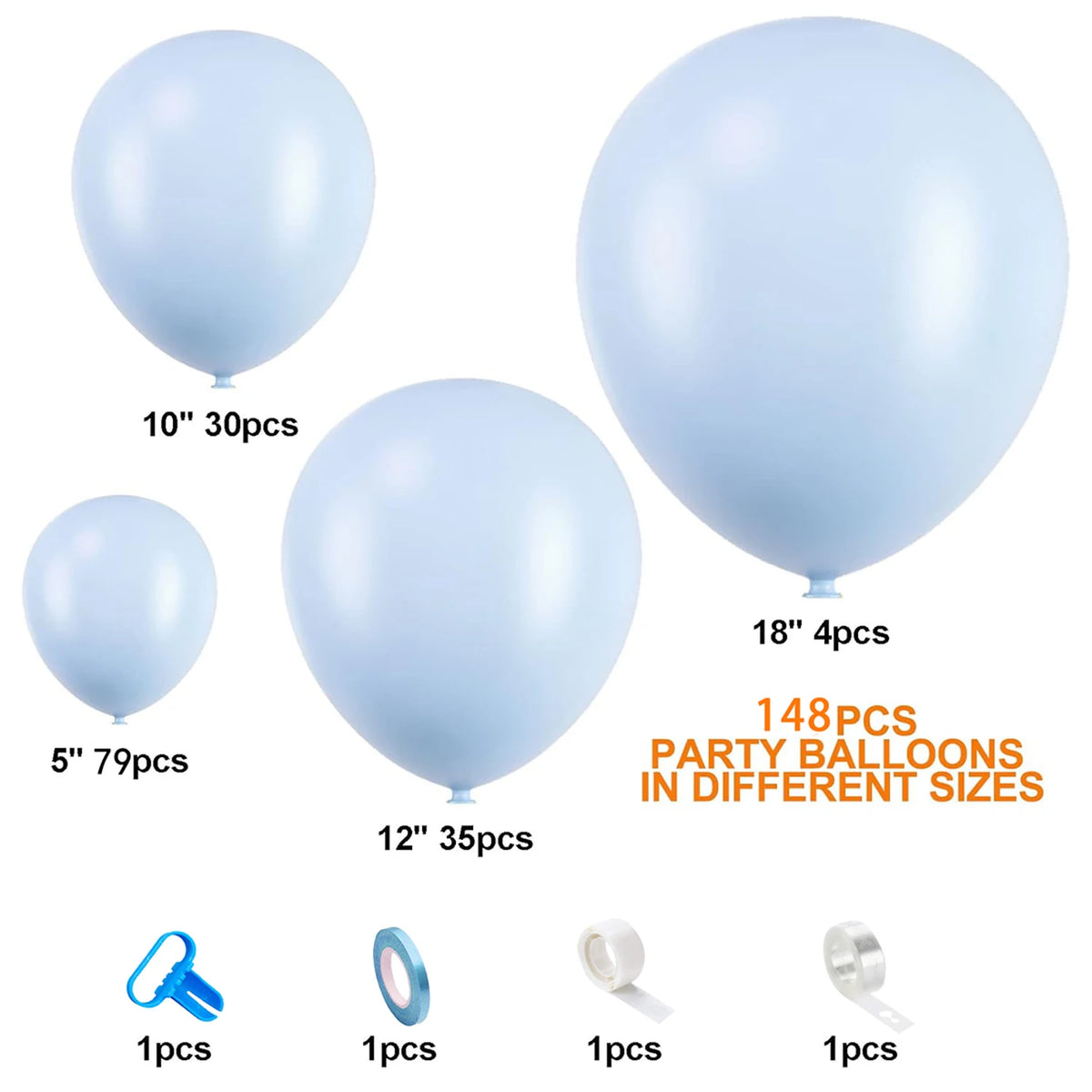 Eine Sammlung pastellblauer Ballons in verschiedenen Größen, darunter 5-, 10-, 12- und 18-Zoll-Ballons.