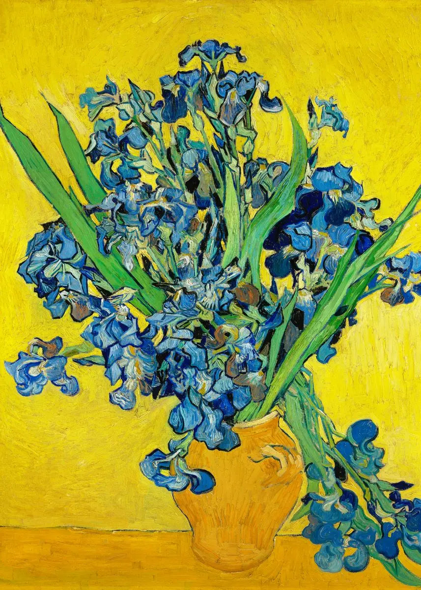 Vibrant blue delphinium bouquet against a bright yellow background, painted in an impressionistic style.