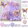 A purple and pink balloon arch decoration featuring butterflies and balloons for a birthday celebration.