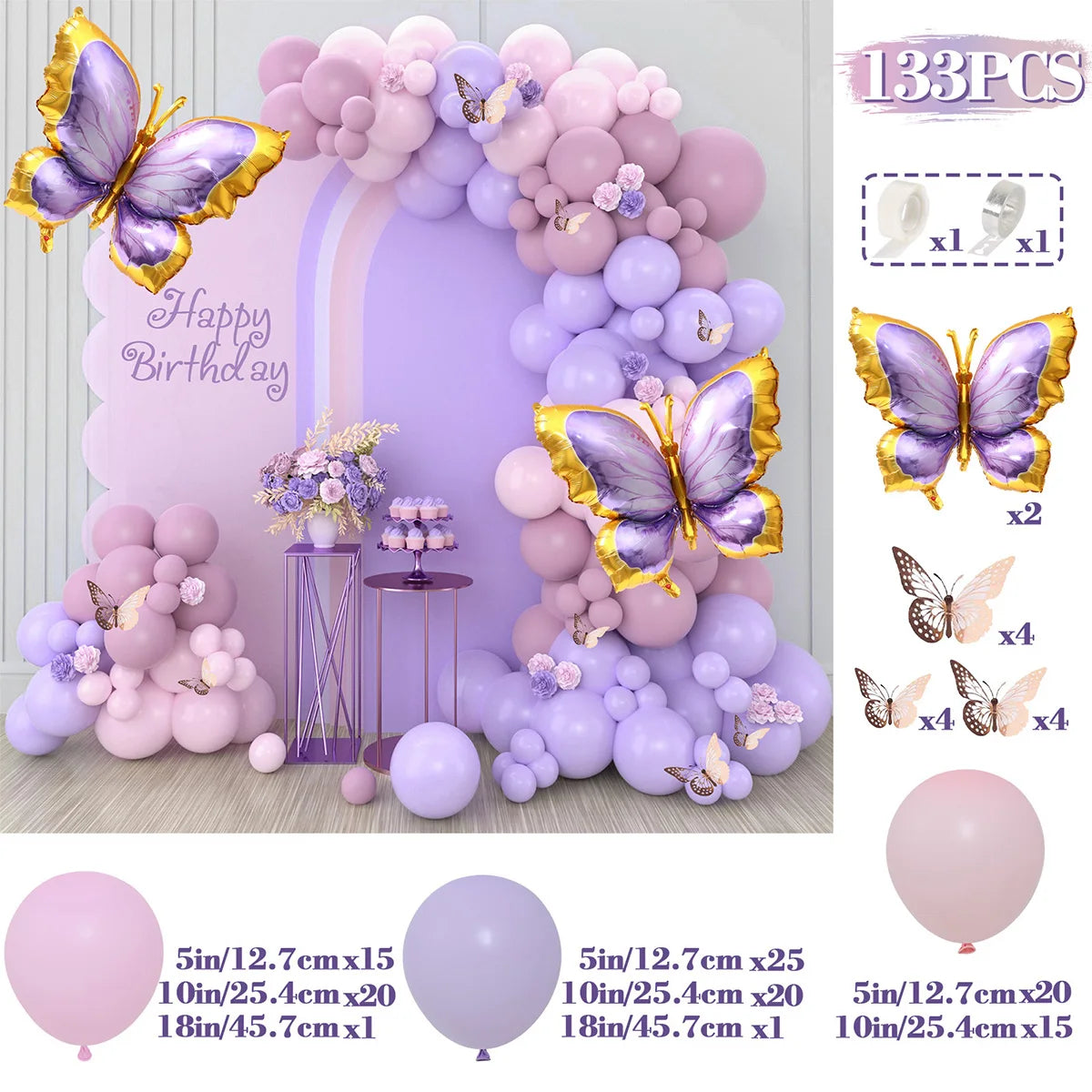 A purple and pink balloon arch decoration featuring butterflies and balloons for a birthday celebration.