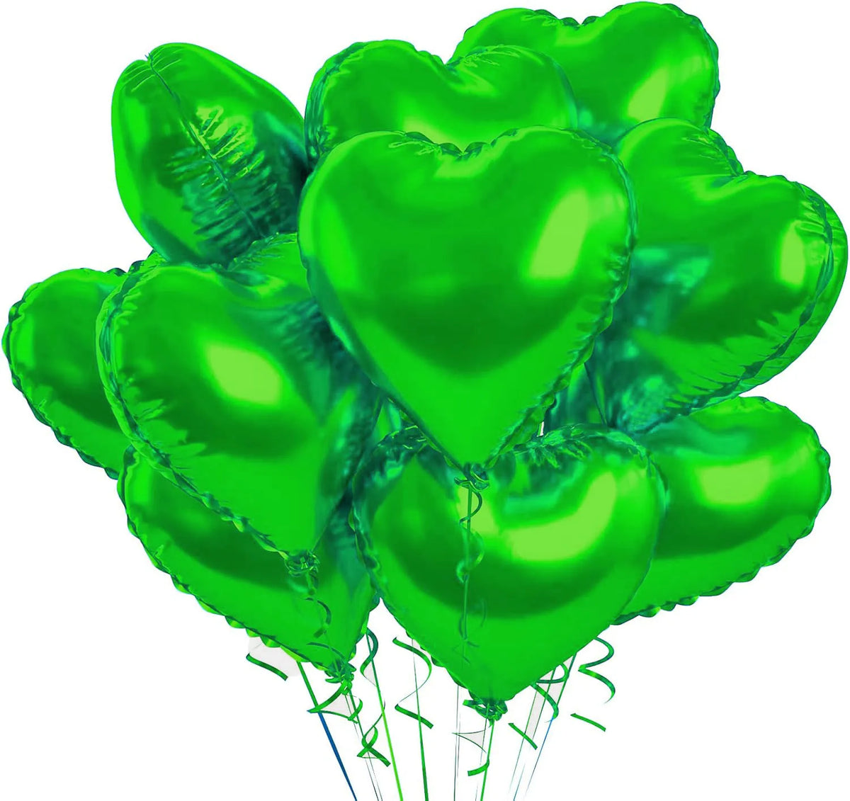 A bunch of bright green heart-shaped foil balloons tied together with string.