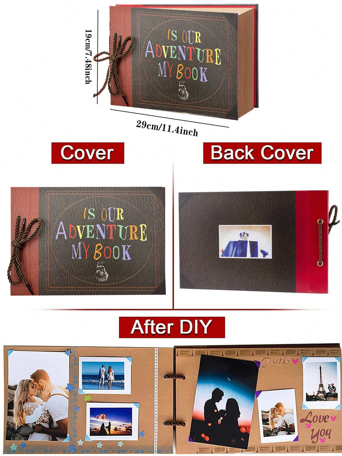 A handmade scrapbook album featuring various photos and memories, including a cover with the text Is Our Adventure My Book.