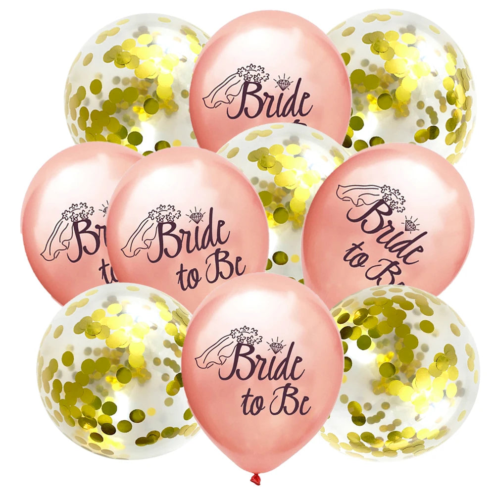 A pack of ten rose gold latex confetti balloons with bride and to be designs.