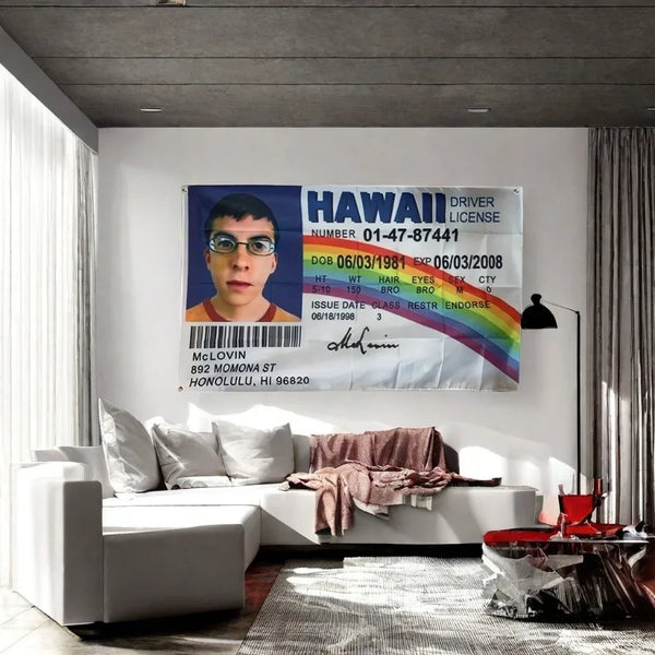 A white sofa in a modern living room with a large banner displaying a Hawaii driver's license.