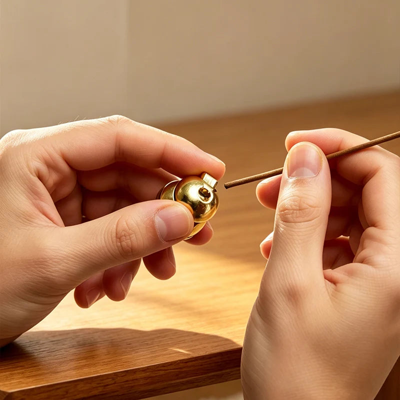 Hands are using a thin stick to manipulate a gold gourd-shaped glass incense burner with an ash catcher.