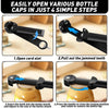 A four-step guide showing how to easily open various bottle caps using an ergonomic jar and bottle opener set.