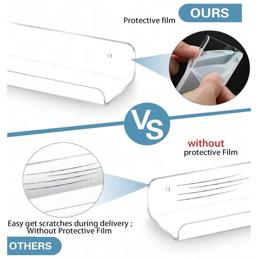 Comparison showing a protective film applied to an acrylic storage rack versus one without.