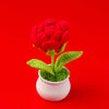 A hand woven crochet red peony flower potted in a pink ceramic cup against a red background.