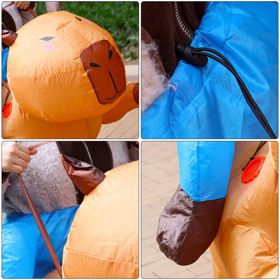 A person is shown interacting with an orange inflatable capybara costume, including a close-up of the suit and a hand holding