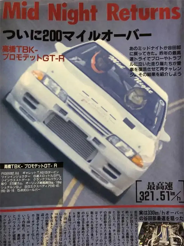 A white car is shown in a close-up, with Japanese text and a title about Mid Night Returns.