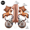 A set of foil balloons shaped like a horse and the number one, with accompanying wooden wheels.