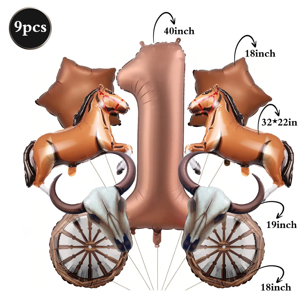 A set of foil balloons shaped like a horse and the number one, with accompanying wooden wheels.