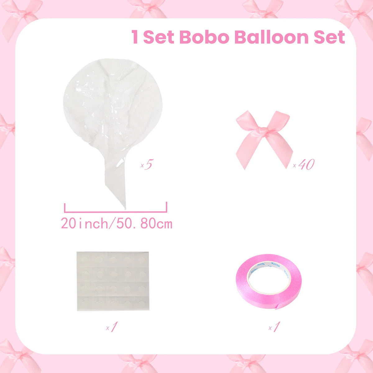 A set of five white Bobo balloons, pink ribbon bows, and a pink latex balloon ring for celebrations.