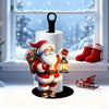 A festive Santa Claus figure holding an oil lantern stands on a white cylindrical holder in front of a snowy window.