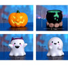 A set of Halloween resin craft miniatures featuring a carved pumpkin, a dripping cauldron, and two white ghost figures.