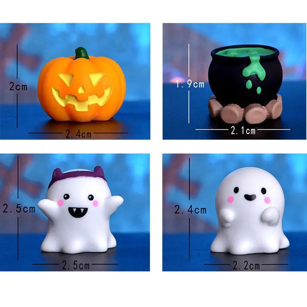 A set of Halloween resin craft miniatures featuring a carved pumpkin, a dripping cauldron, and two white ghost figures.