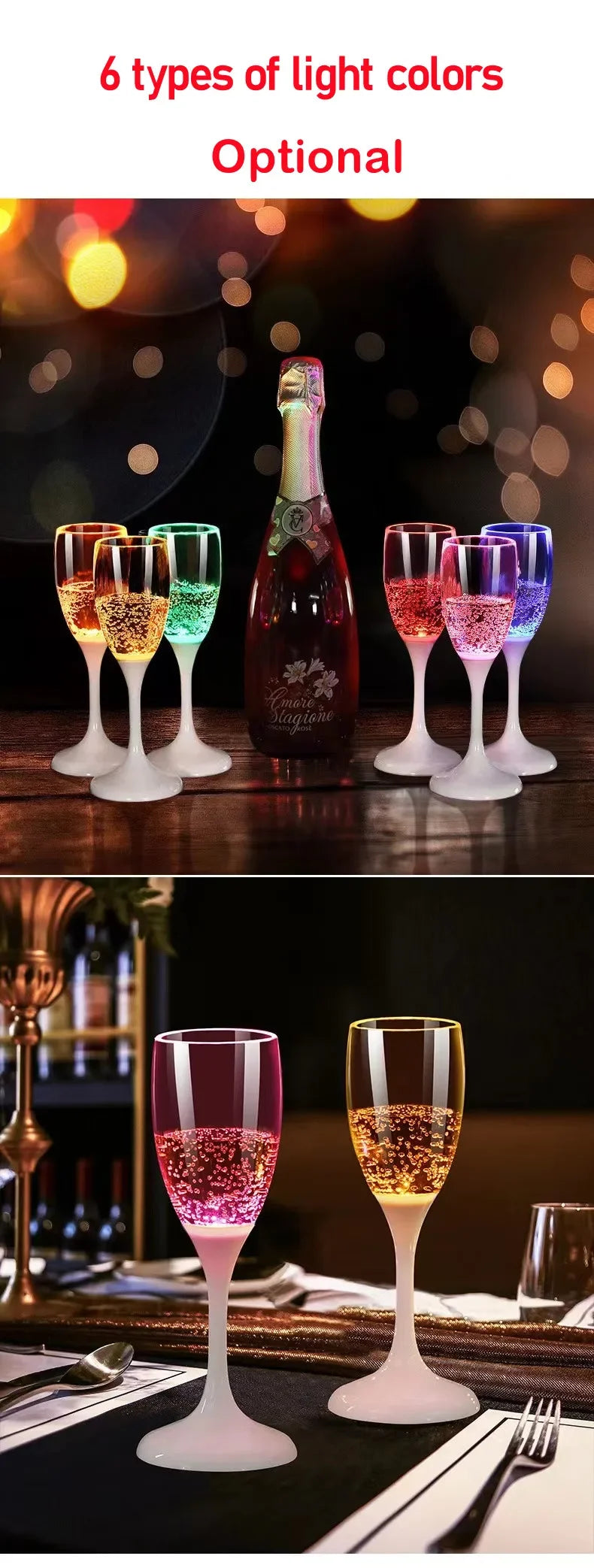 Six verres à boire de couleur claire avec différents feux clignotants LED, disposés sur une surface en bois sombre.
