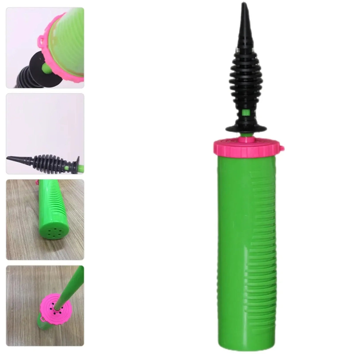 A green handheld balloon air pump with a pink nozzle and a green body, shown in various angles.