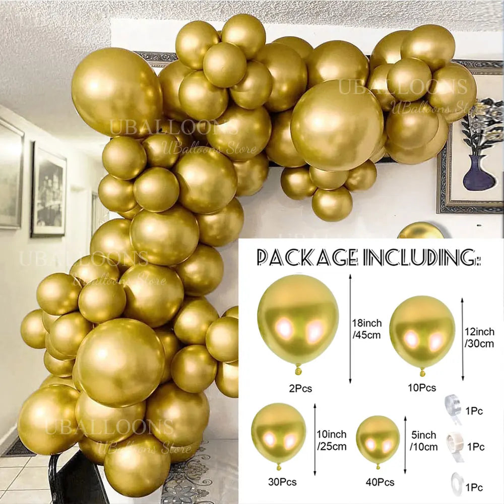 A gold balloon garland kit featuring various sizes of metallic chrome gold balloons for decoration.