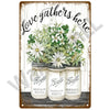 A watercolor painting of three potted plants in glass jars with a rustic sign that reads Love gathers here