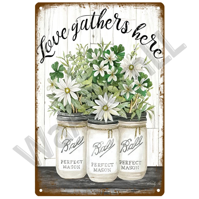 A watercolor painting of three potted plants in glass jars with a rustic sign that reads Love gathers here