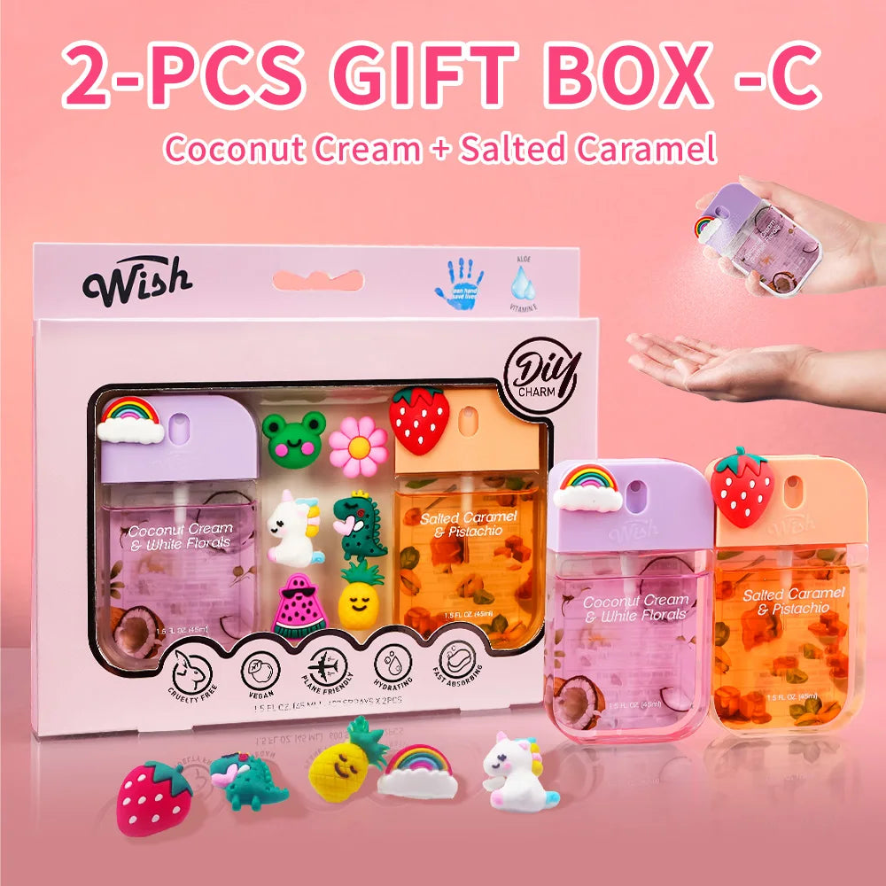 Two gift boxes containing coconut cream and salted caramel products with various themed decorations.